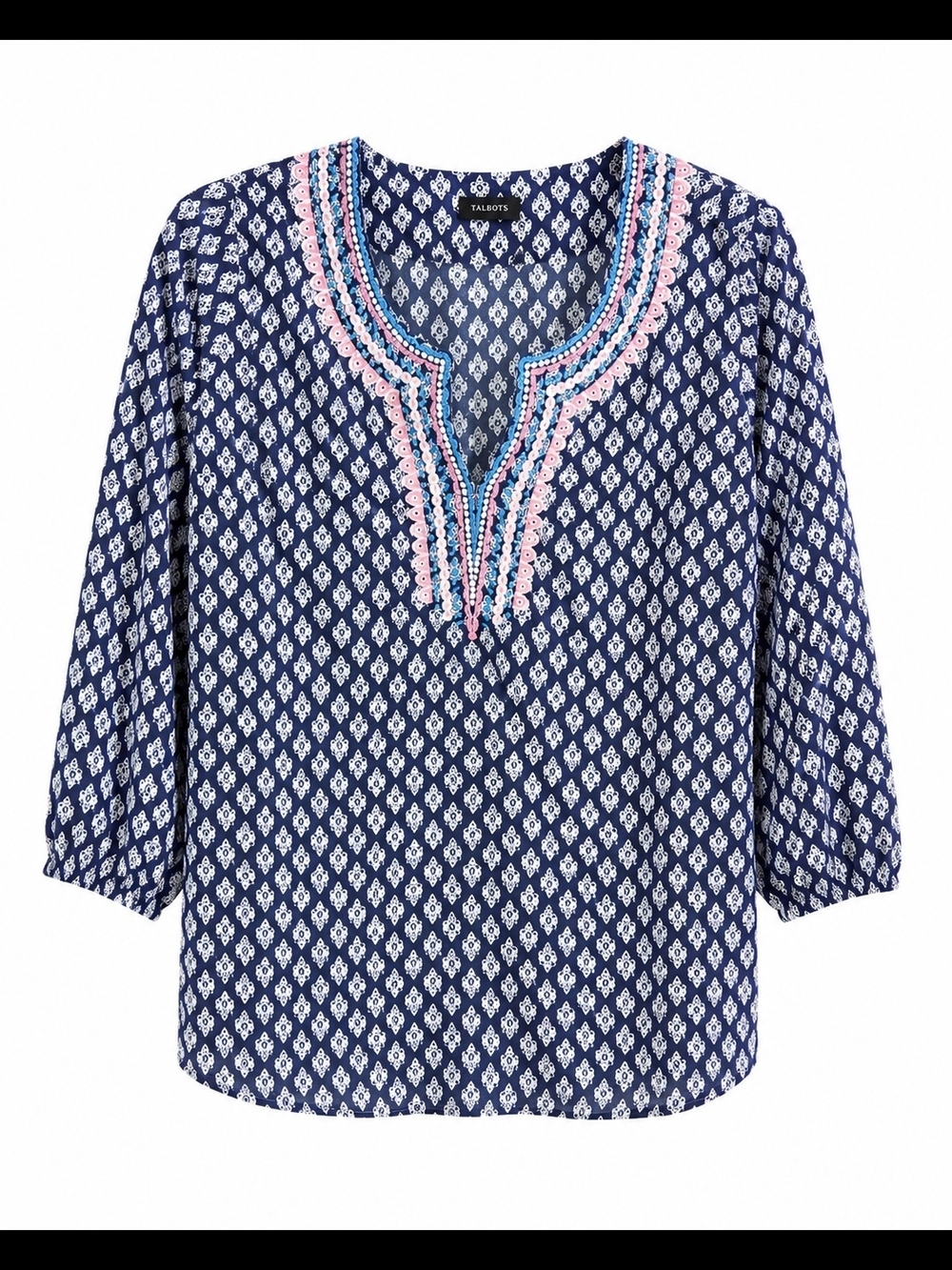 Talbots Navy Printed Split-Neck Tunic Top with Pink & Blue Trim